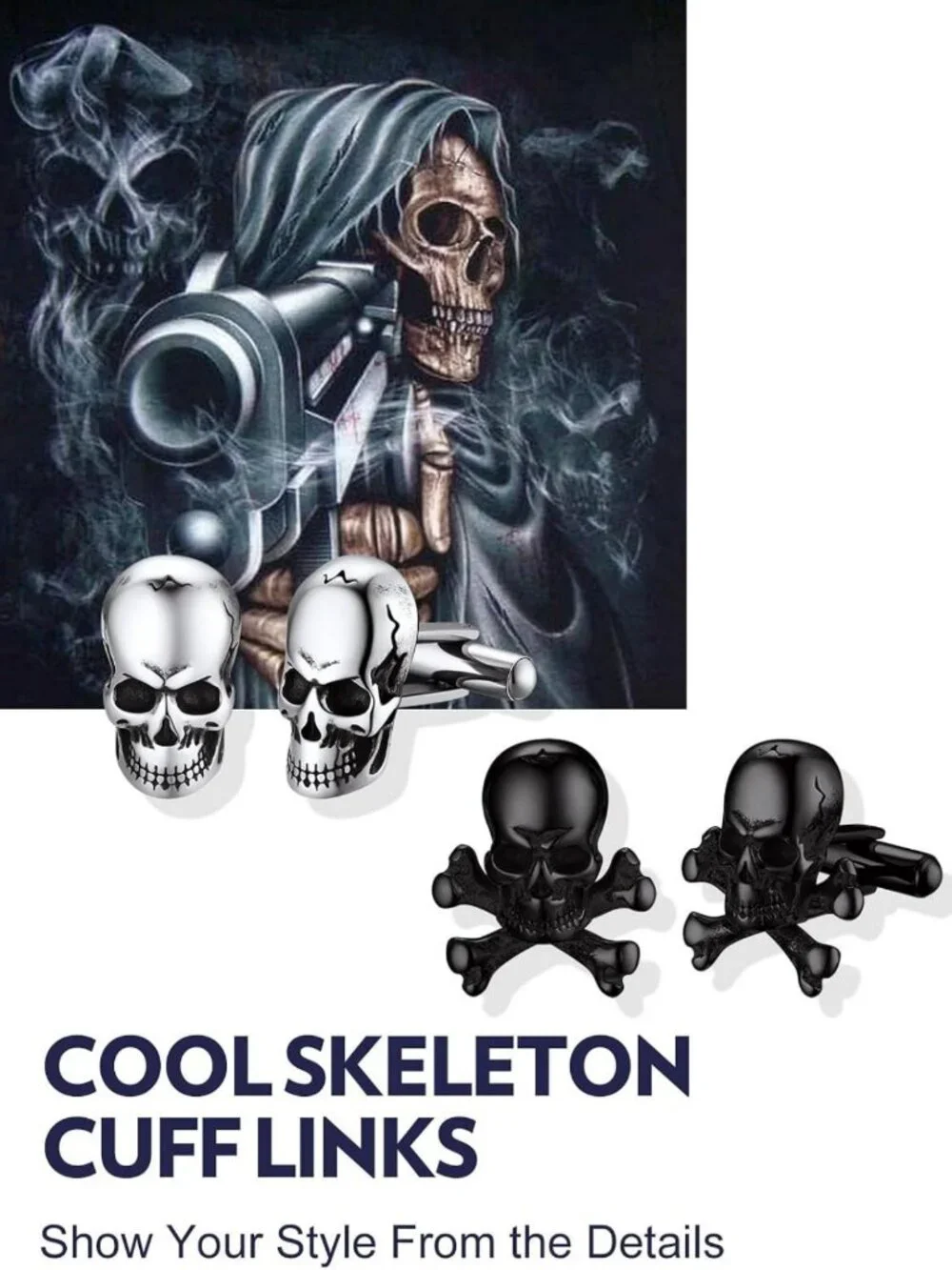 Gothic Skull Cufflinks for Men - Stainless Steel Punk Crossbone Accessories for